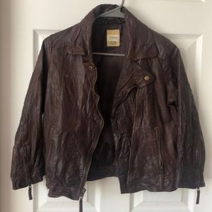 Fossil Cropped 3/4 Sleeve Brown Leather Moto Jacket